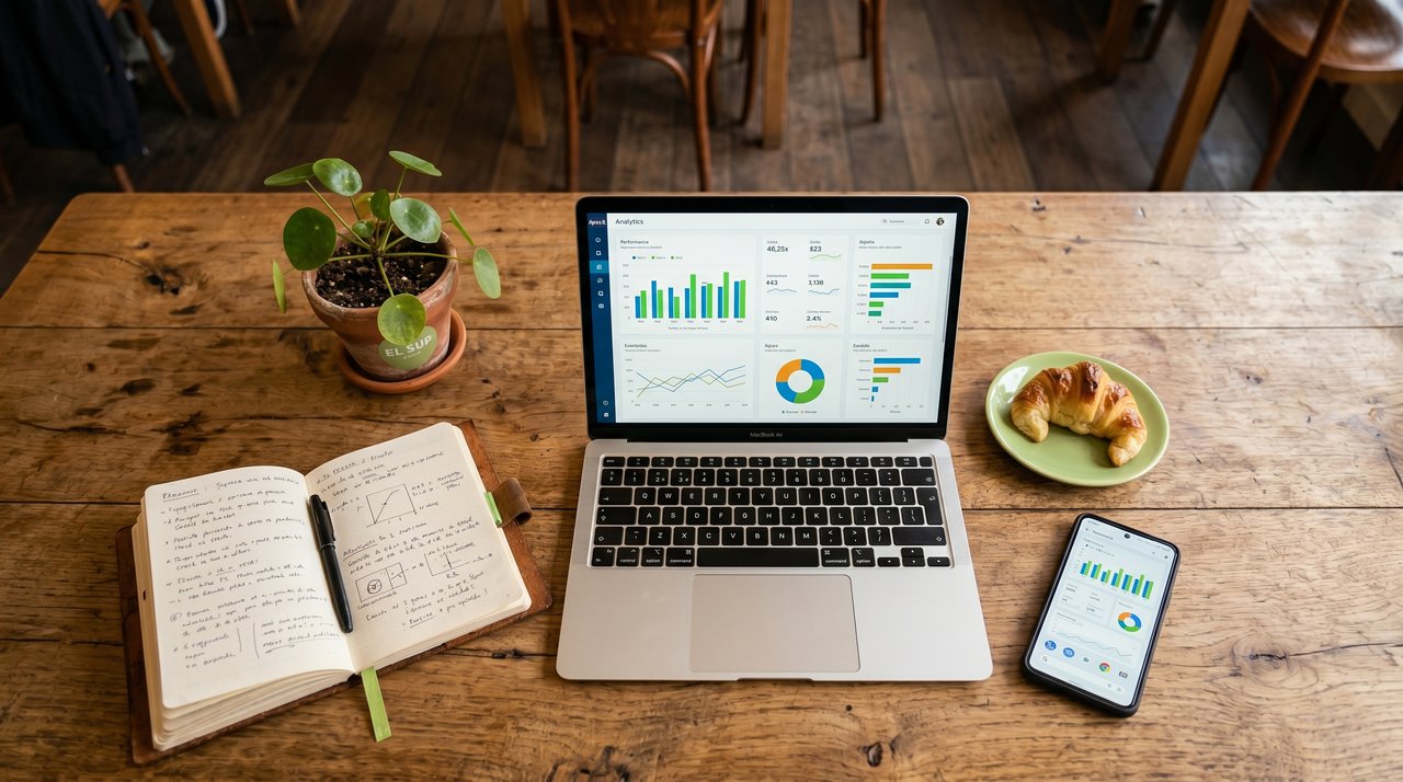 Laptop con dashboard analytics y phone con indicadores