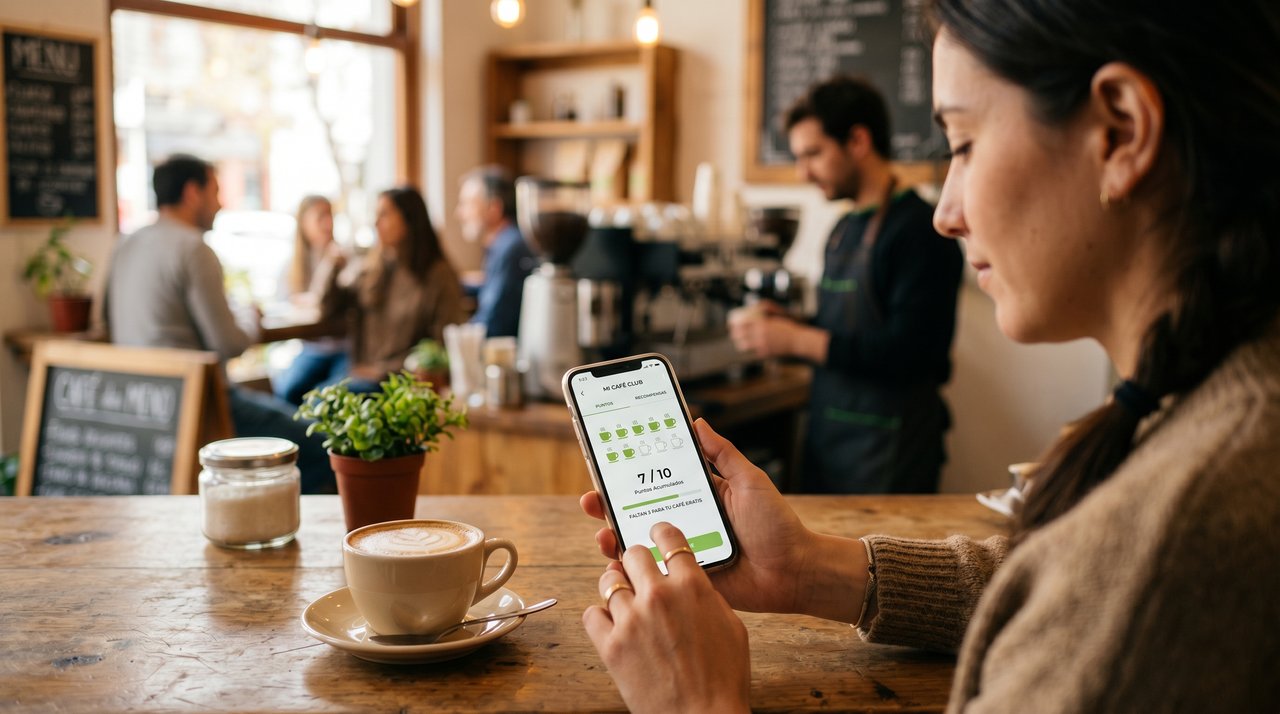 Smartphone con programa de fidelizacion junto a cafe